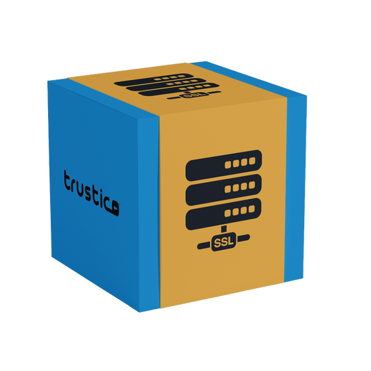 A 3D box with blue and gold faces displays a server icon labeled "SSL Certificate," the word "trustico" with a padlock, and highlights Sectigo® OV Single Site from Sectigo CA for business authentication.