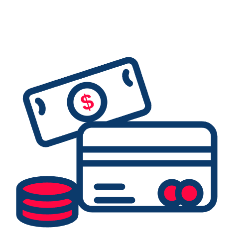 An illustration featuring a dollar bill, a stack of coins, and a credit card symbolizes money management, secure financial transactions, and handling your local currency balance using tools such as Trustico® Prepaid Credit from Trustico® Online Security or other prepaid wallet options.
