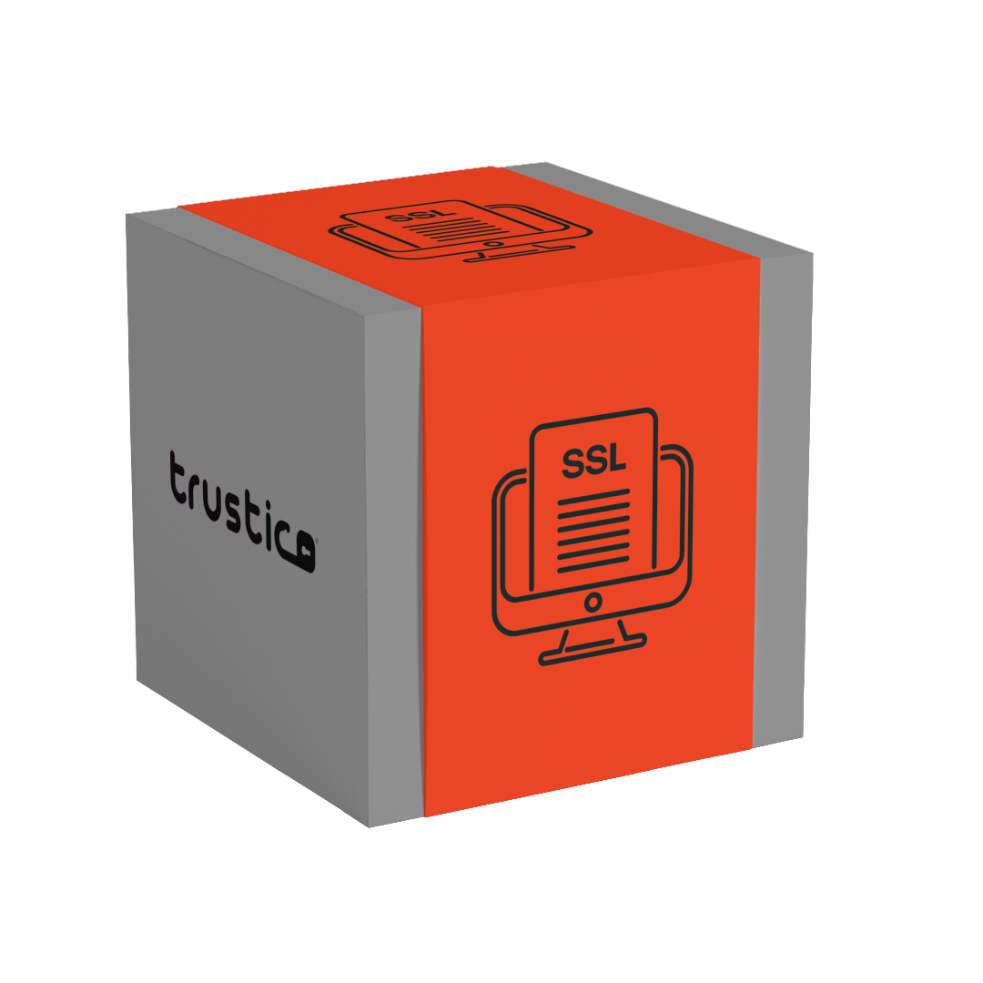 A gray and orange box displays the Trustico CA brand name with “Trustico® CaaS DV + Multi Domain” on one side and an icon of a computer monitor showing an SSL Certificate document on another, emphasizing support for Multi Domain security solutions.