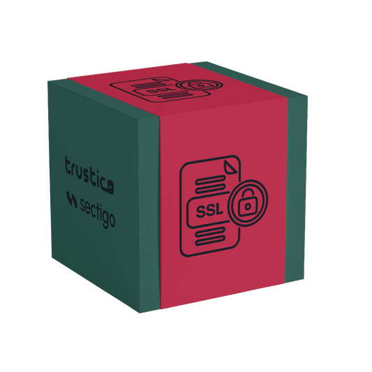 A 3D cube with teal sides and red faces displays icons of a document labeled SSL with a padlock, symbolizing the Sectigo® EV Single Site certificate from Sectigo® CA, and the Trustico® Sectigo® text on another side.