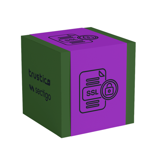 A green and purple cube featuring icons - including an SSL certificate symbol and padlock - accompanied by the words “trustico” and “Sectigo® CA” on the left side, emphasizes support for Subject Alternative Names (SAN) and highlights the security provided by the Sectigo® DV + Multi Domain - Additional SAN certificate.