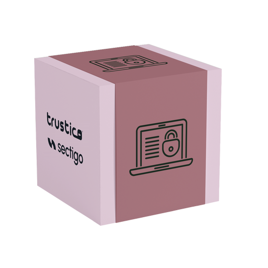A pink and mauve cube featuring the Trustico® and Sectigo® logos together with an icon of a laptop displaying a padlock on the screen, represents cybersecurity and advanced protection offered by solutions such as Sectigo® OV + Multi Domain from Sectigo® CA.