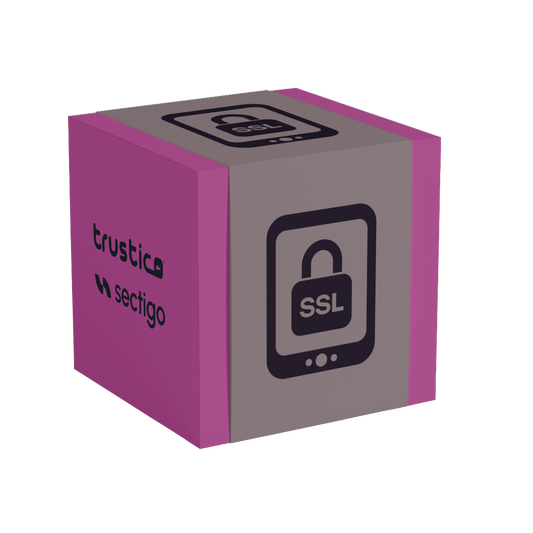 A 3D box with purple sides and a gray front displays a padlock icon labeled “SSL,” symbolizing strong security offered by Sectigo® CaaS DV + Wildcard. The side features the logos of trustico and Sectigo® CA, showcasing trusted brands and highlighting the comprehensive protection of Sectigo® CaaS DV + Wildcard solutions.