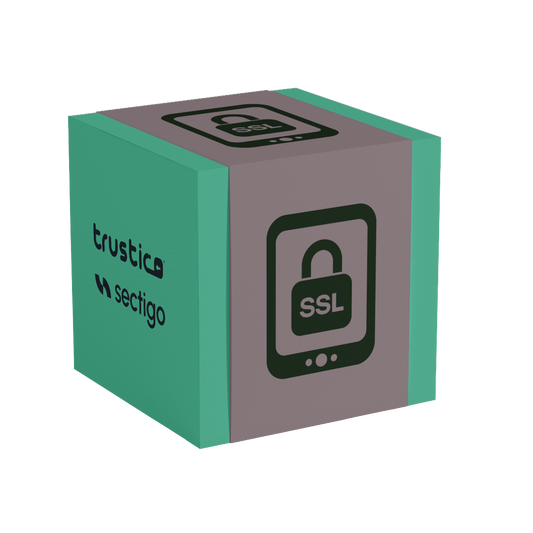 A 3D cube featuring teal sides and gray faces displays lock icons labeled as SSL, along with the Trustico® logo and Sectigo® CA branding, representing robust internet security. This imagery emphasizes the dependable protection offered by the Sectigo® OV Single Site SSL Certificate - an Organization Validation solution from Sectigo® CA designed to secure single domains.