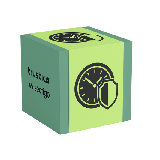 A green and teal cube features a clock with a shield icon on one face, while another side displays the words Trustico® and “Sectigo® CA,” reflecting security and reliability. This design emphasizes seamless SSL certificate management via Sectigo® CaaS DV Single Site, potentially leveraging the ACME protocol to reinforce trust in digital communications.
