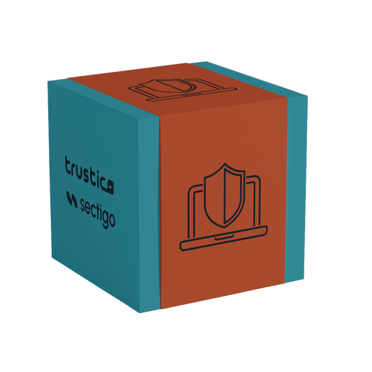 A teal and rust-colored cube displays a laptop with a shield icon and the words Trustico® and “Sectigo® DV + Wildcard” from Sectigo® CA on its left face.