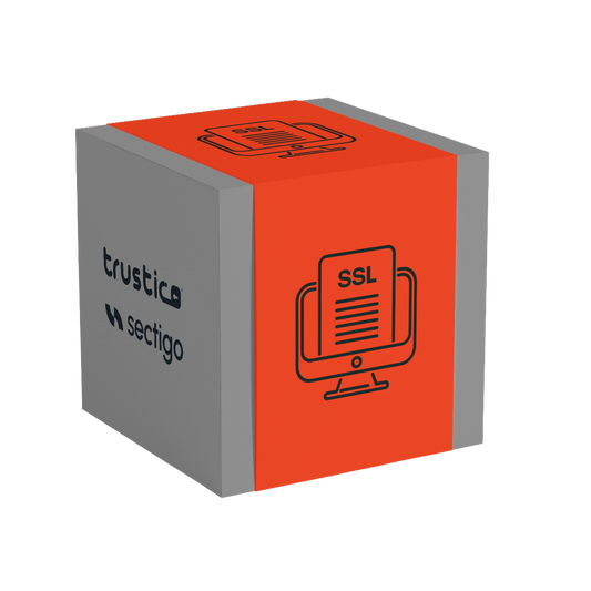 A 3D gray and orange box featuring a screen icon displaying “SSL” on one side and the Trustico® Sectigo® text on another, representing digital security or services such as the Sectigo® OV + Wildcard - an Organization Validation (OV) SSL wildcard certificate from Sectigo® CA.